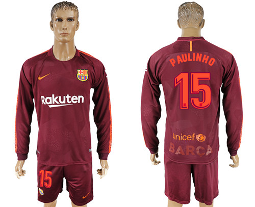 2017 18 Barcelona 15 PAULINHO Away Long Sleeve Soccer Jersey