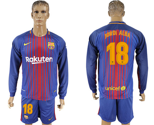 2017 18 Barcelona 18 JORDI ALBA Home Long Sleeve Soccer Jersey