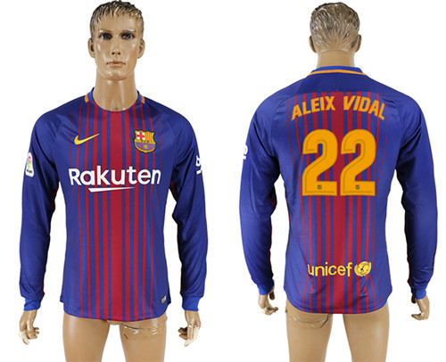 2017 18 Barcelona 22 ALEIX VIDAL Home Long Sleeve Thailand Soccer Jersey