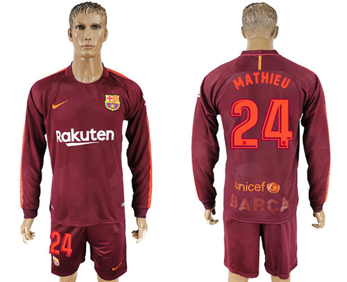 2017 18 Barcelona 24 MATHIEU Away Long Sleeve Soccer Jersey