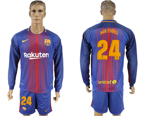 2017 18 Barcelona 24 MATHIEU Home Long Sleeve Soccer Jersey