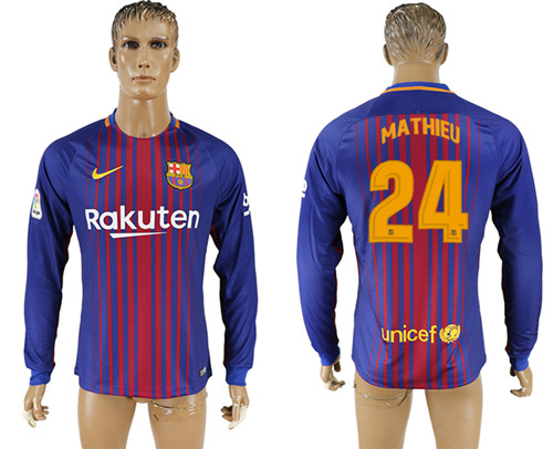 2017 18 Barcelona 24 MATHIEU Home Long Sleeve Thailand Soccer Jersey