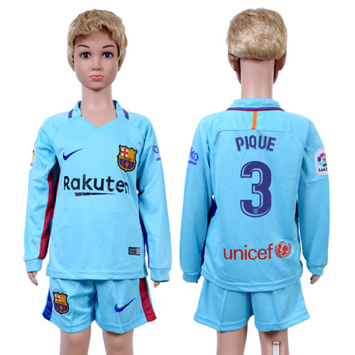 2017 18 Barcelona 3 PIQUE Away Youth Long Sleeve Soccer Jersey