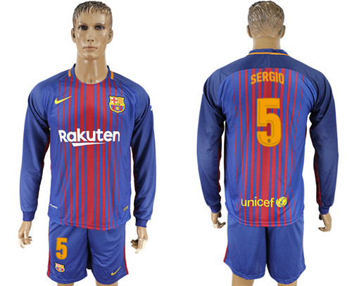 2017 18 Barcelona 5 SERGIO Home Long Sleeve Soccer Jersey