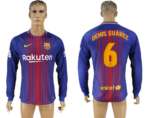 2017 18 Barcelona 6 DENIS SUAREZ Home Long Sleeve Thailand Soccer Jersey
