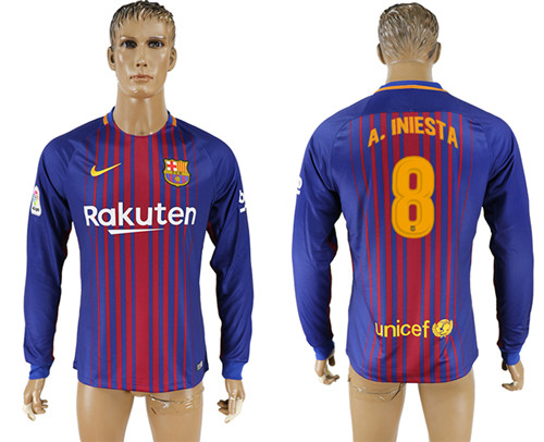 2017 18 Barcelona 8 A.INIESTA Home Long Sleeve Thailand Soccer Jersey