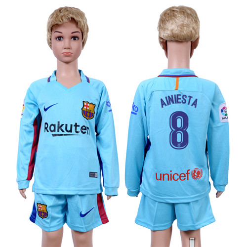 2017 18 Barcelona 8 AINIESTA Away Youth Long Sleeve Soccer Jersey