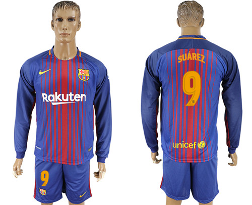 2017 18 Barcelona 9 SUAREZ Home Long Sleeve Soccer Jersey