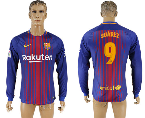 2017 18 Barcelona 9 SUAREZ Home Long Sleeve Thailand Soccer Jersey