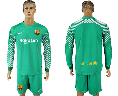 2017 18 Barcelona Green Long Sleeve Goalkeeper Soccer Jersey