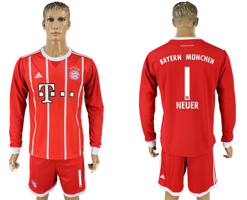2017 18 Bayern Munich 1 NEUER Home Long Sleeve Soccer Jersey