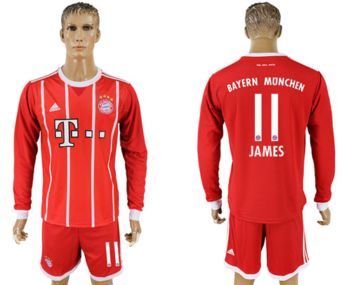 2017 18 Bayern Munich 11 JAMES Home Long Sleeve Soccer Jersey
