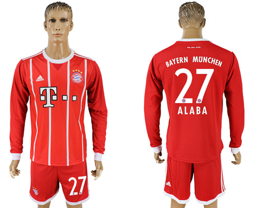 2017 18 Bayern Munich 27 ALABA Home Long Sleeve Soccer Jersey
