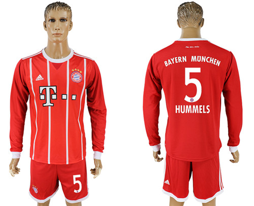 2017 18 Bayern Munich 5 HUMMELS Home Long Sleeve Soccer Jersey