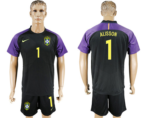 2017 18 Brazil 1 ALISSON Goalkeeper Black Soccer Jersey