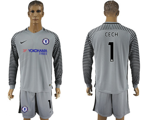 2017 18 Chelsea 1 CECH Gray Goalkeeper Long Sleeve Soccer Jersey