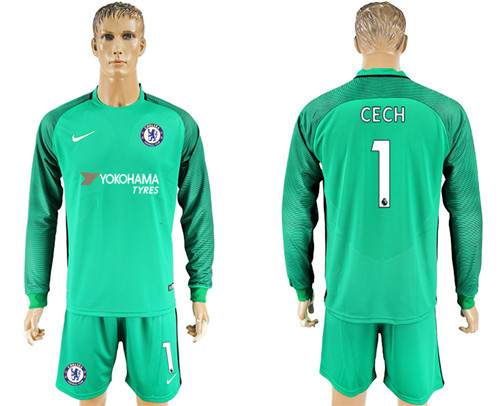 2017 18 Chelsea 1 CECH Green Goalkeeper Long Sleeve Soccer Jersey