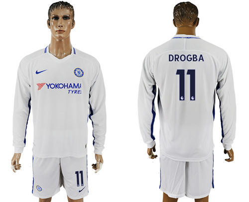 2017 18 Chelsea 11 DROGBA Away Long Sleeve Soccer Jersey