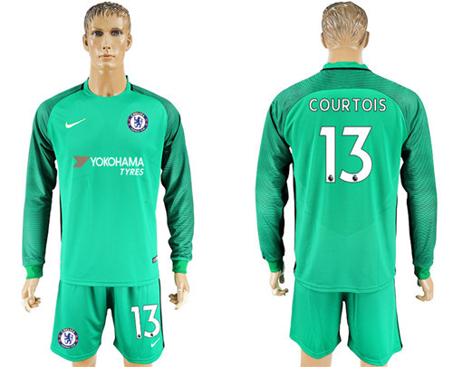 2017 18 Chelsea 13 COURTOIS Green Goalkeeper Long Sleeve Soccer Jersey