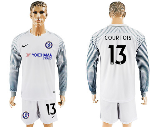 2017 18 Chelsea 13 COURTOIS White Goalkeeper Long Sleeve Soccer Jersey