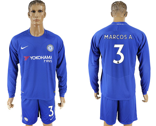 2017 18 Chelsea 3 MARCOS A. Home Goalkeeper Long Sleeve Soccer Jersey