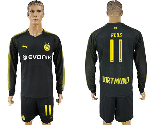 2017 18 Dortmund 11 REUS Away Long Sleeve Soccer Jersey