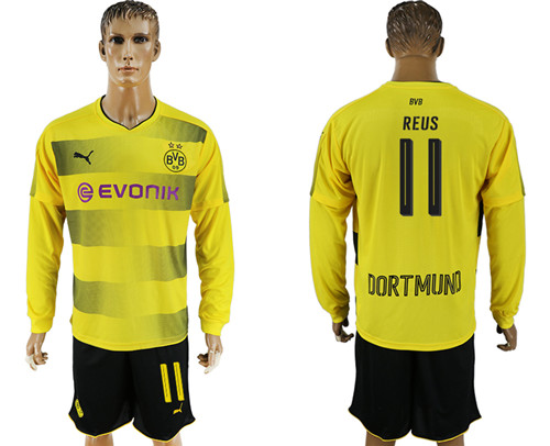 2017 18 Dortmund 11 REUS Home Long Sleeve Soccer Jersey