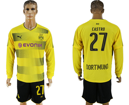2017 18 Dortmund 27 CASTRO Home Long Sleeve Soccer Jersey