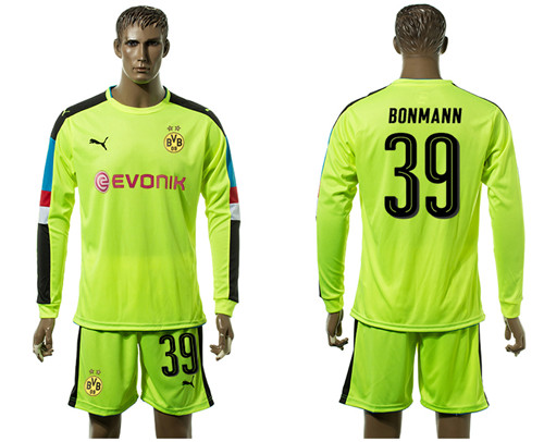 2017 18 Dortmund 39 BONMANN Fluorescent Green Goalkeeper Long Sleeve Soccer Jersey