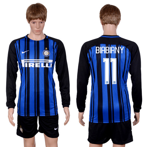 2017 18 Inter Milan 11 BIABIANY Home Long Sleeve Soccer Jersey