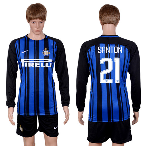 2017 18 Inter Milan 21 SANTON Home Long Sleeve Soccer Jersey