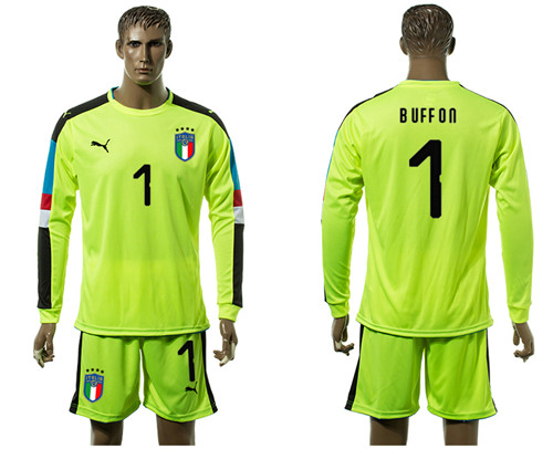 2017 18 Italy 1 BUFFON Fluorescent Green Long Sleeve Goalkeeper Soccer Jersey