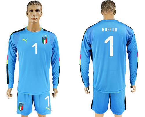 2017 18 Italy 1 BUFFON Lake Blue Long Sleeve Goalkeeper Soccer Jersey