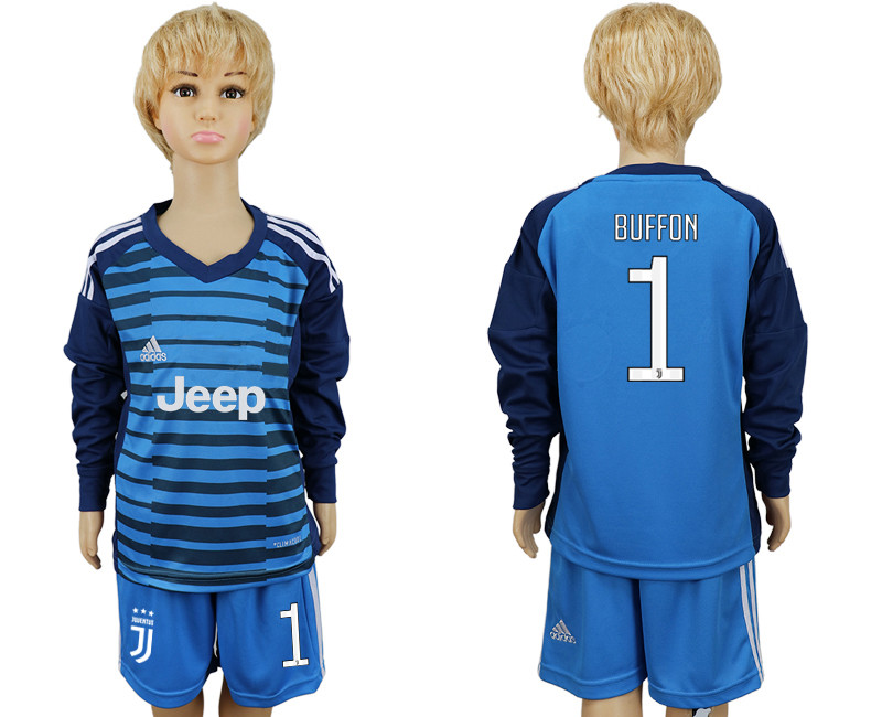 2017 18 Juventus 1 BUFFON Lake Blue Youth Goalkeeper Long Sleeve Soccer Jersey