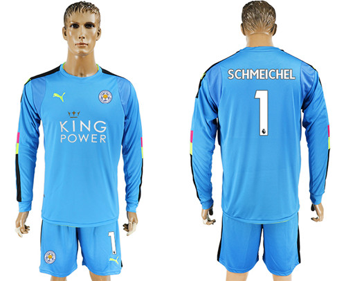 2017 18 Leicester City 1 SCHMEICHEL Blue Long Sleeve Goalkeeper Soccer Jersey