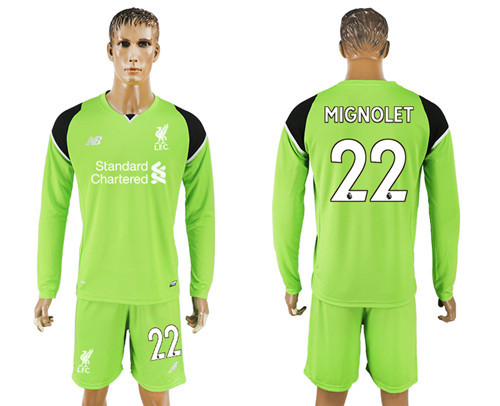 2017 18 Liverpool 22 MIGNOLET Green Goalkeeper Long Sleeve Soccer Jersey