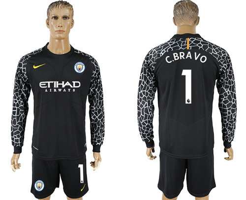 2017 18 Manchester City 1 C.BRAVO Black Long Sleeve Goalkeeper Soccer Jersey