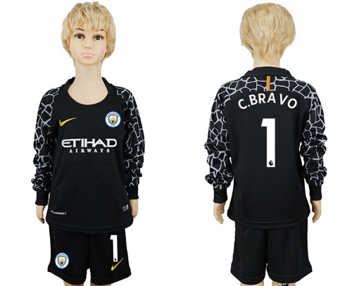 2017 18 Manchester City 1 C.BRAVO Black Youth Long Sleeve Goalkeeper Soccer Jersey