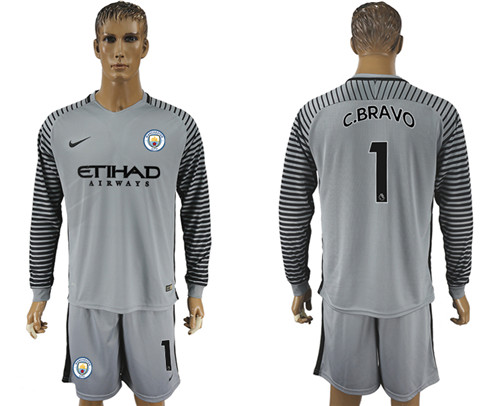 2017 18 Manchester City 1 C.BRAVO Gray Goalkeeper Long Sleeve Soccer Jersey