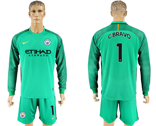 2017 18 Manchester City 1 C.BRAVO Green Goalkeeper Long Sleeve Soccer Jersey