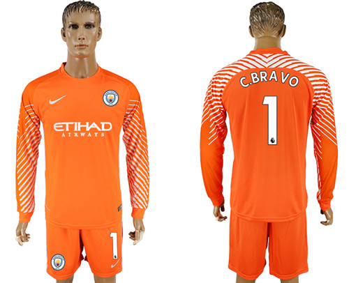 2017 18 Manchester City 1 C.BRAVO Orange Long Sleeve Goalkeeper Soccer Jersey