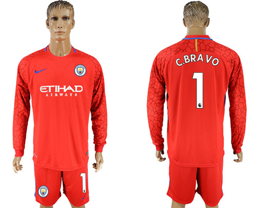2017 18 Manchester City 1 C.BRAVO Red Long Sleeve Goalkeeper Soccer Jersey
