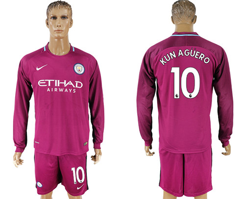 2017 18 Manchester City 10 KUN AGUERO Away Long Sleeve Soccer Jersey