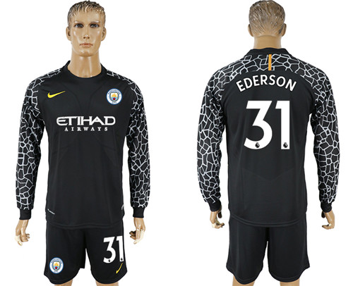 2017 18 Manchester City 31 EDERSON Black Long Sleeve Goalkeeper Soccer Jersey