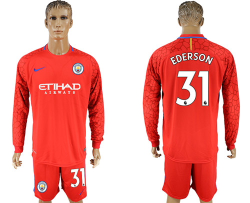 2017 18 Manchester City 31 EDERSON Red Long Sleeve Goalkeeper Soccer Jersey