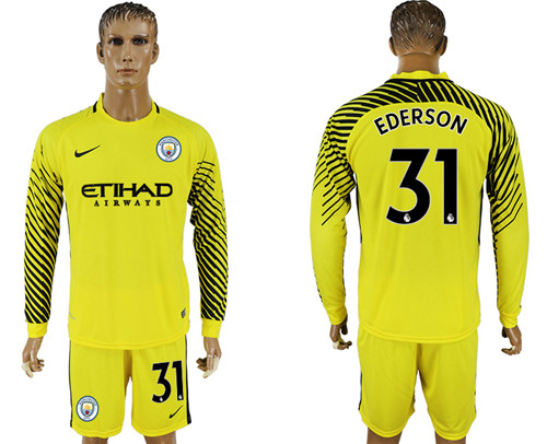 2017 18 Manchester City 31 EDERSON Yellow Long Sleeve Goalkeeper Soccer Jersey