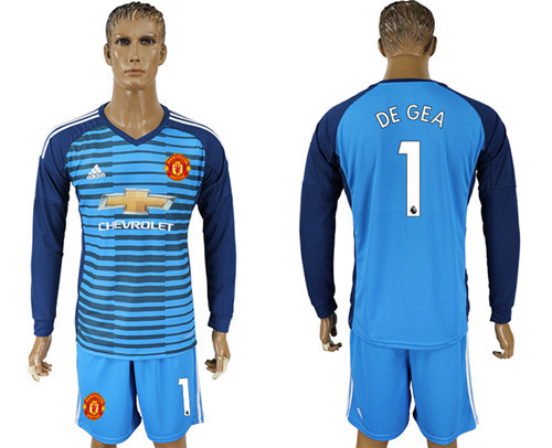 2017 18 Manchester United 1 DE GEA Lake Blue Goalkeeper Long Sleeve Soccer Jersey