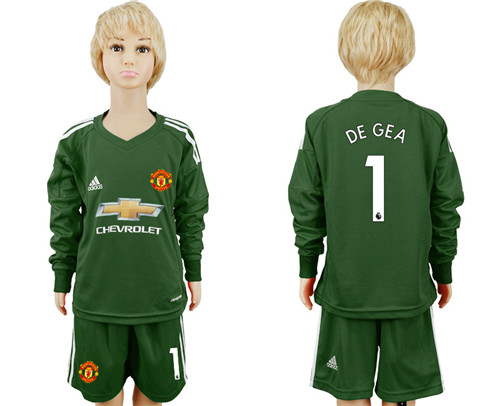 2017 18 Manchester United 1 DE GEA Military Green Youth Long Sleeve Goalkeeper Soccer Jersey