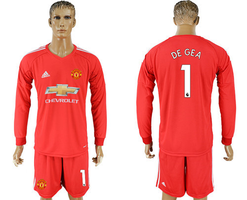 2017 18 Manchester United 1 DE GEA Red Goalkeeper Long Sleeve Soccer Jersey