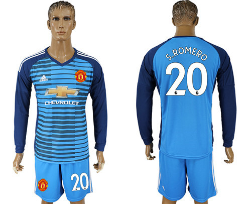 2017 18 Manchester United 20 S. ROMERO Lake Blue Goalkeeper Long Sleeve Soccer Jersey